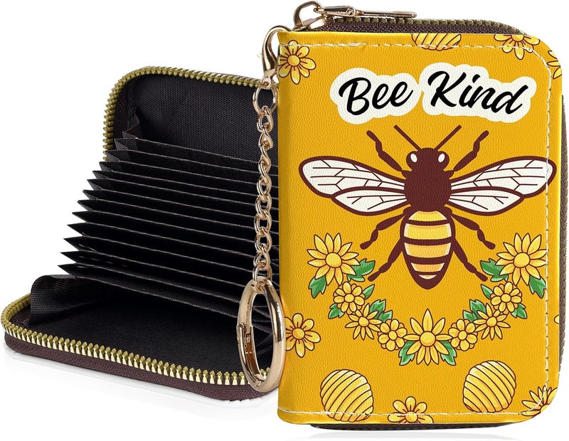 Luoycxy Credit Card Holder for Women,Small Rfid Wallet with Keychain Zipper,Cute PU Leather Card Case Wallet，Accordion Credit Card Wallets Gift,Bee kind - Image 1